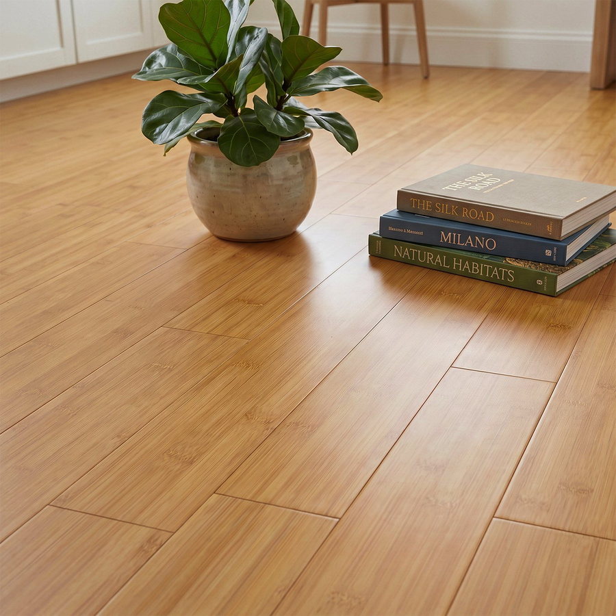 Bamboo flooring in a living area with a large plant