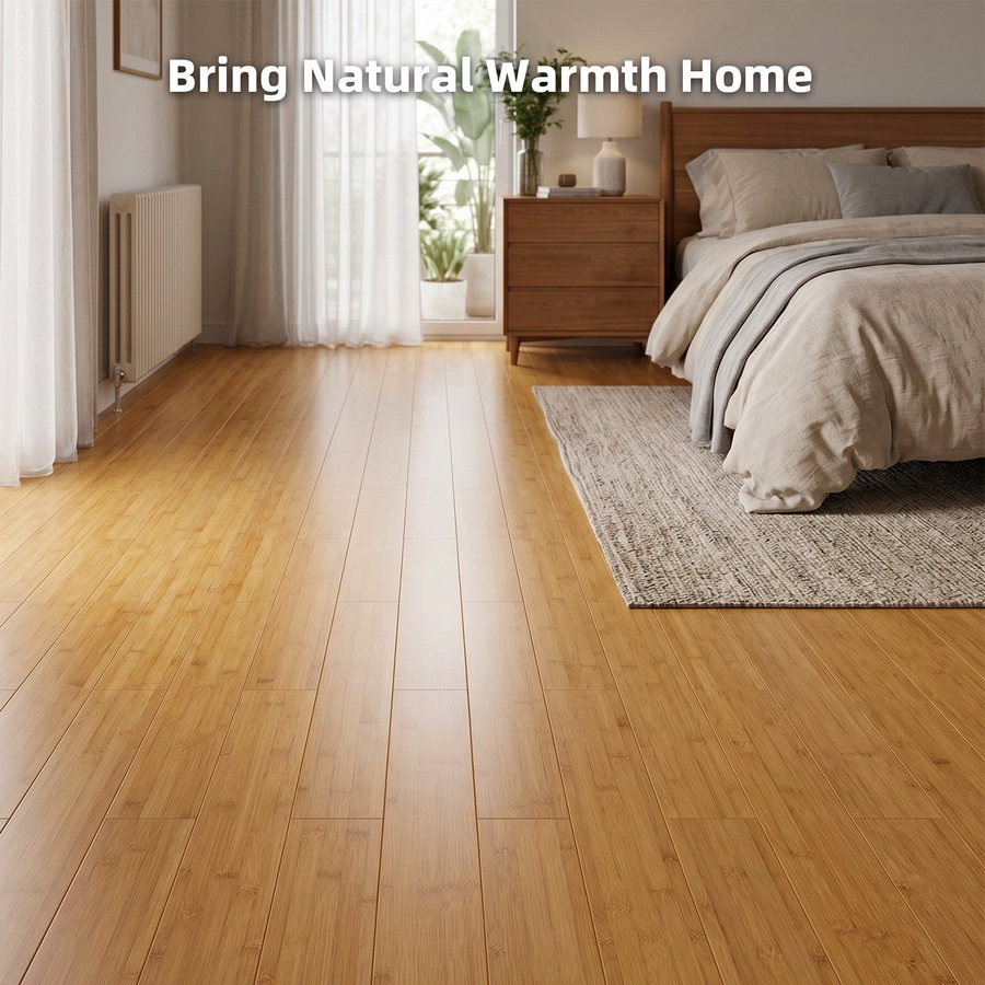 Light honey bamboo flooring in a bedroom with a bench