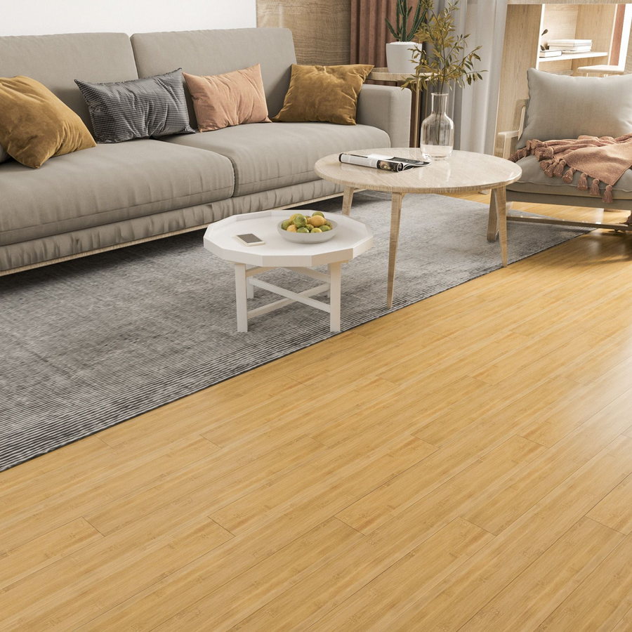 Solid bamboo flooring in light honey laid in a living room