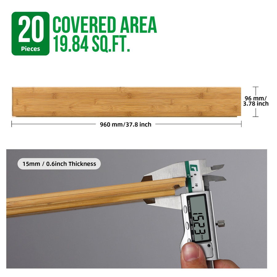 Bamboo flooring carton labelled 19.8 sq ft of coverage