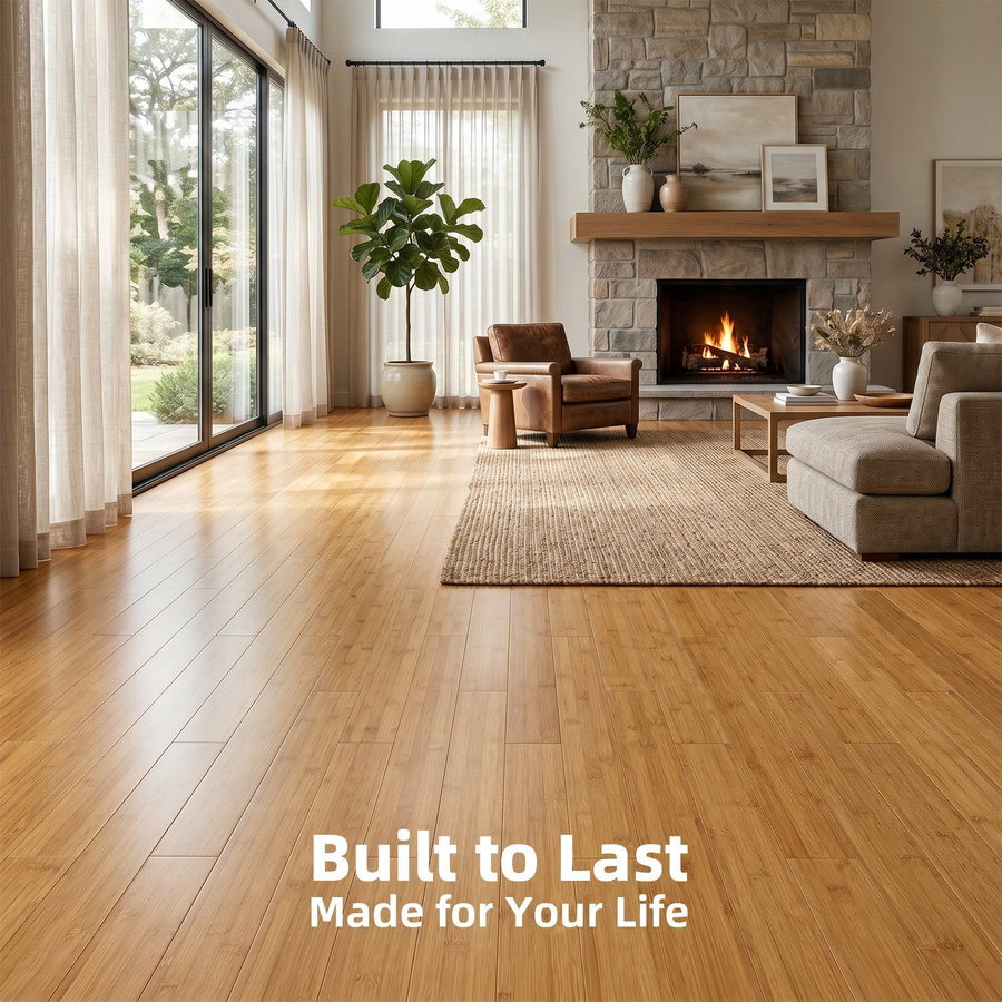 Light honey bamboo flooring in a living room with a fireplace