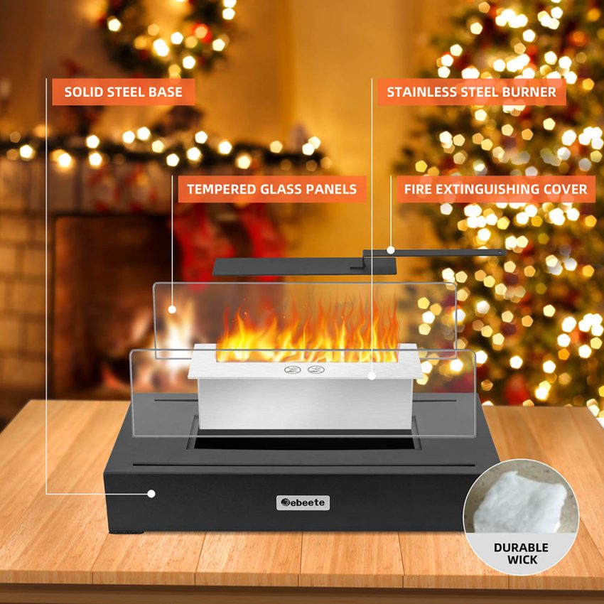 Jeedeson Ventless Fireplace – Black Glass, Rectangle Shape