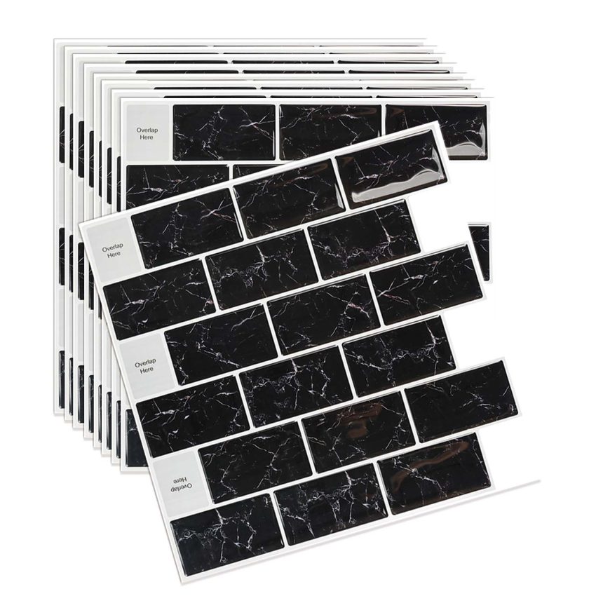Jeedeson 11.8 in. x 11.8 in Peel and Stick Kitchen Backsplash Tile Black Marble (10-Pack)