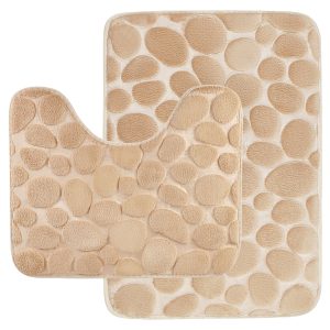 Jeedeson 2PC Elegant Beige Bathroom Mat Set,Toilet Floor Mat and Absorbent Entry Rug