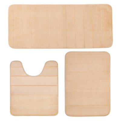 Jeedeson Beige Stripe Bath Mat Foam,Home Decor for Shower and Vanity 3pcs Set