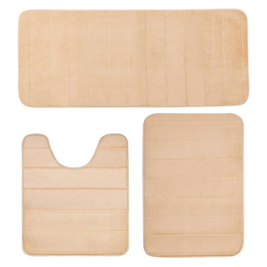 Jeedeson Beige Stripe Bath Mat Foam,Home Decor for Shower and Vanity 3pcs Set