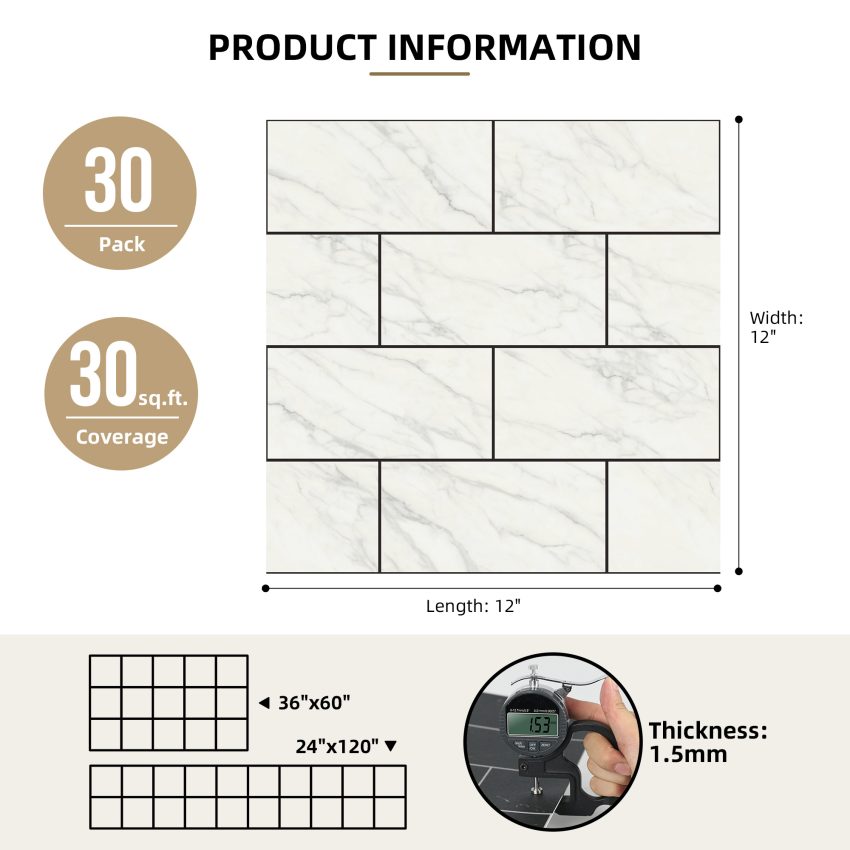 Jeedeson 30-Pieces 12 in. x 12 in. White Vinyl Peel and Stick Backsplash Tile, Decorative Wall / Floor Tiles Backsplash Kitchen