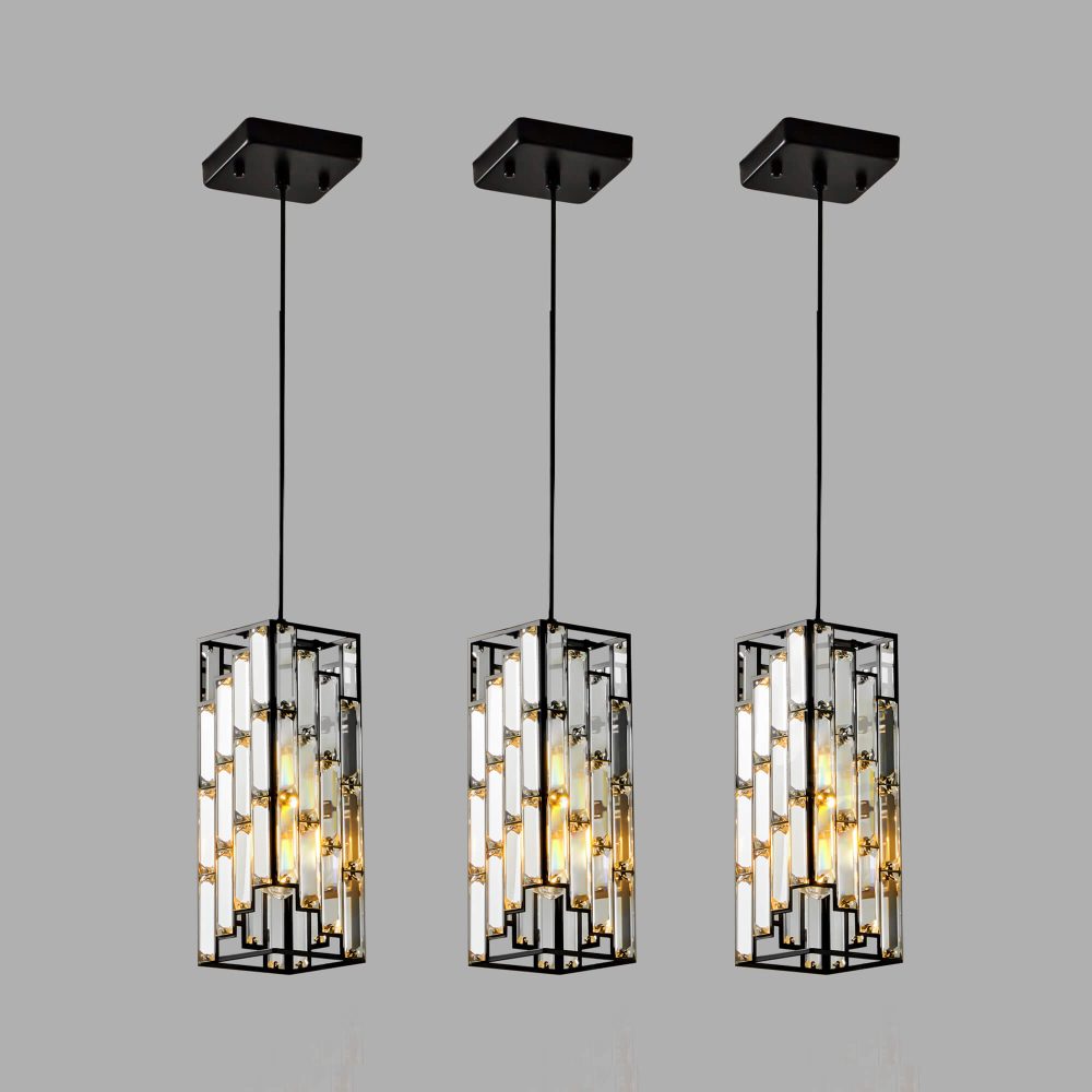 3-Light Square Crystal Pendant Light Modern Kitchen Island Lighting
