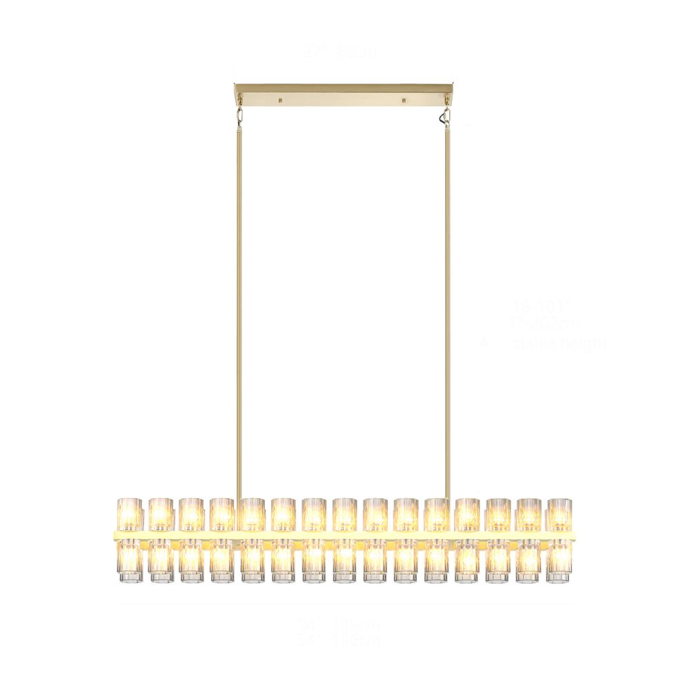 54 Inch Gold Crystal Linear Chandelier, Modern Large Rectangle 60-Lights Pendant Lighting Fixture Adjustable Height