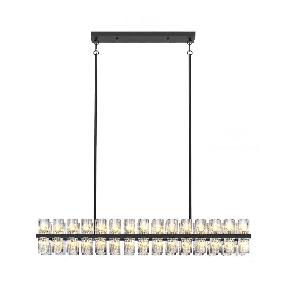 54 Inch Black Crystal Linear Chandelier, Modern Large Rectangle 60-Lights Pendant Lighting Fixture Adjustable Height