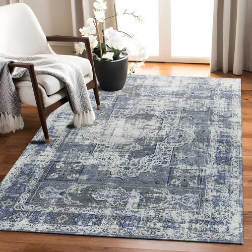 Jeedeson 9’x12′ Blue Grey Antique Area Rug Fully Washable Non Slip Short Pile Rug for Family House