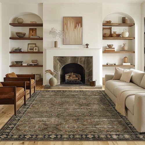Jeedeson 5×7 Washable Vintage Boho Medallion Area Rug, Non Slip Stain Resistant Soft Black Large Indoor Carpet for Living Room Bedroom Farmhouse