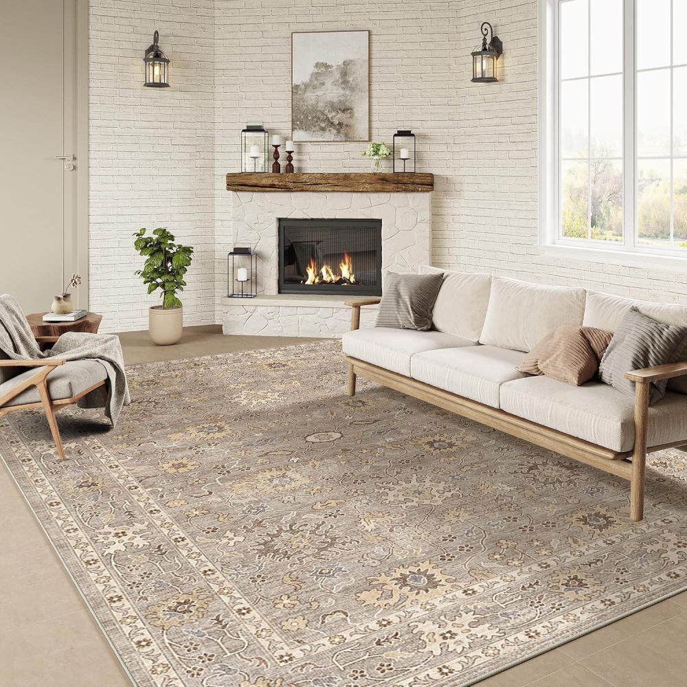 Jeedeson 4×6 Washable Vintage Oriental Area Rug, Taupe Non-Slip Stain Resistant Carpet for Entryway Bedroom