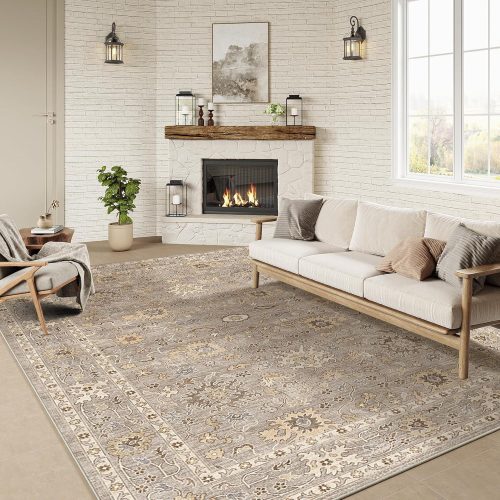 Jeedeson 9×12 Washable Vintage Oriental Area Rug, Taupe Non-Slip Stain Resistant Carpet for Entryway Bedroom