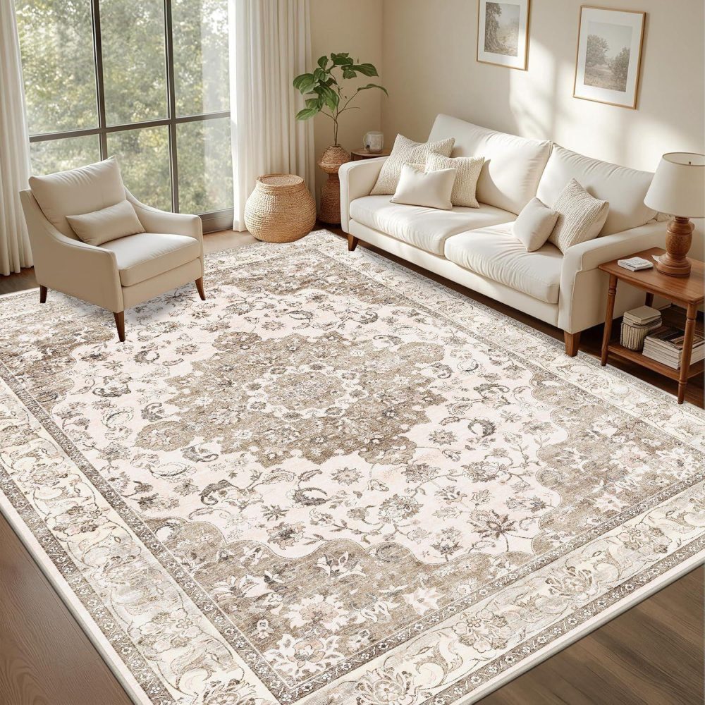 Jeedeson 3×5 Washable Vintage Floral Medallion Area Rug, Taupe & Ivory Non-Slip Stain Resistant Carpet for Entryway Bedroom