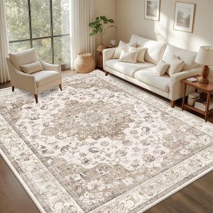 Jeedeson 8x10 Washable Vintage Floral Medallion Area Rug, Taupe & Ivory Non-Slip Stain Resistant Carpet for Entryway Bedroom