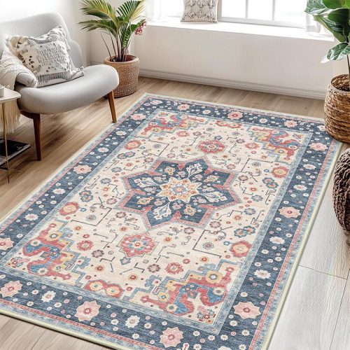 Jeedeson 9×12 Washable Vintage Bohemian Medallion Area Rug, Pink & Blue Non-Slip Stain Resistant Carpet for Entryway Bedroom