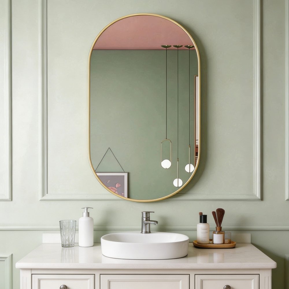 Jeedeson 24″x32″ Gold Oval Bathroom Mirror, Aluminum Framed Wall Mounted Vanity Mirror for Over Sink, Bedroom, Living Room, Entryway, HD Tempered Glass, Horizontal/Vertical Mount