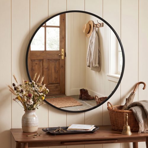 Jeedeson 19.69 Inch Round Bathroom Mirror, Black Aluminum Alloy Frame Explosion-Proof High-Definition Mirror for Bathroom Entryway Living Room Decor
