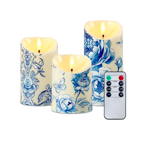 Jeedeson 3-Piece Set Blue and White Porcelain Flickering LED Candles with Remote Control, Warm Light Flameless Fake Candles for Home Wedding Romantic Decor