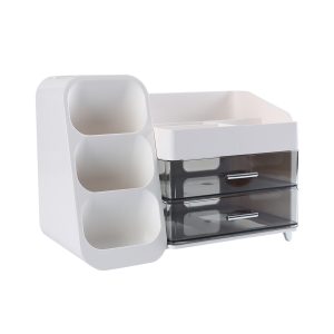 Jeedeson 7.09 in. H White Large Capacity Plastic Makeup Organizer with Brush Holder