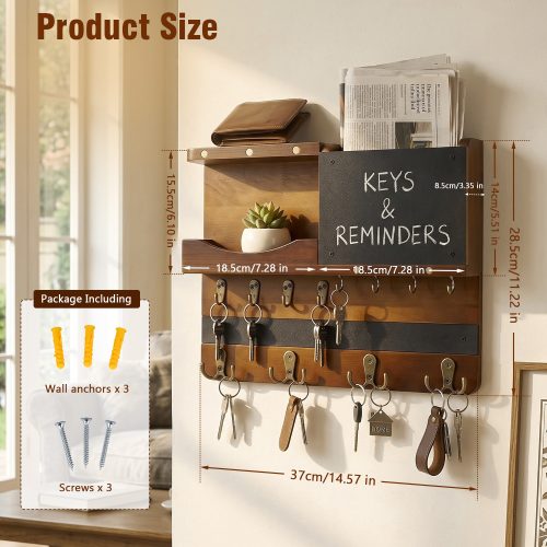 Wall mounted key holder dimensions - 37 cm wide, 28.5 cm tall, 8.5 cm deep, with mail slot and chalkboard
