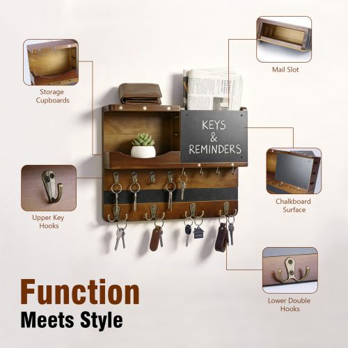 Wall key holder with mail slot, chalkboard, 4 upper key hooks and 4 lower double hooks - rustic wood