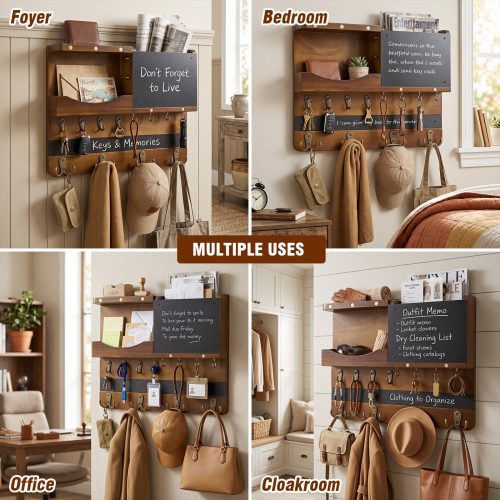 Wall key holder with mail slot in foyer, bedroom, office and cloakroom - rustic wood entryway organizer