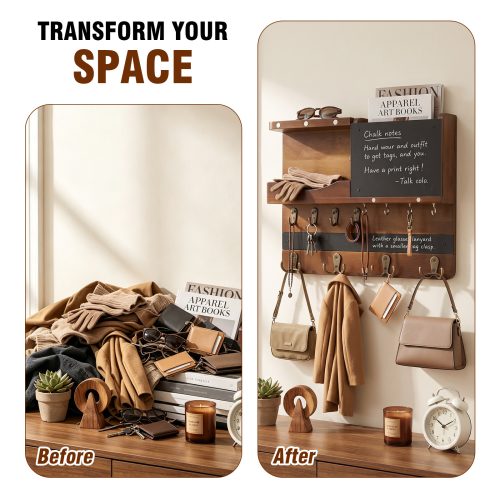 Before and after - wall mounted key holder with mail slot and chalkboard organizes entryway clutter
