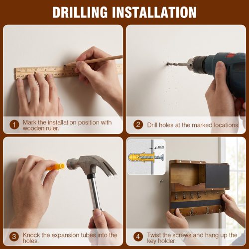Drilling installation steps for wall key holder - mark, drill, anchor, mount with included screws and wall anchors