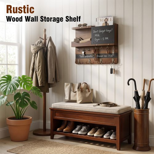 Rustic wood wall storage shelf with 8 hooks, mail slot and chalkboard in entryway with bench and umbrella stand