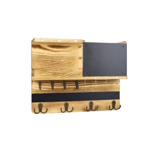 Rustic wood wall key holder with mail shelf, chalkboard, and metal hooks on white background.