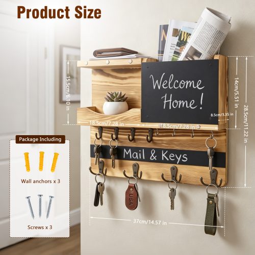 Wall organizer dimensions and installation hardware, including wall anchors and screws.