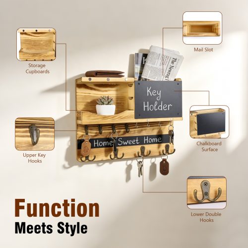 Labeled diagram showing storage cupboards, mail slot, chalkboard, upper key hooks, and lower double hooks.