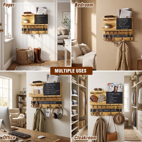 Rustic wood wall storage shelf in a farmhouse-style entryway with coat rack and bench.