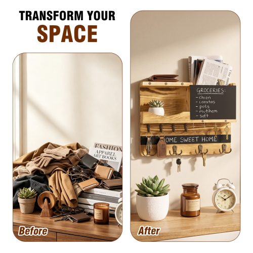 Cluttered entryway before and tidy organized wall space after installing the rustic key holder.