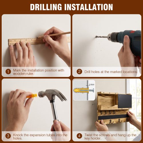 Four-step drilling installation guide for the wall-mounted key and mail organizer.