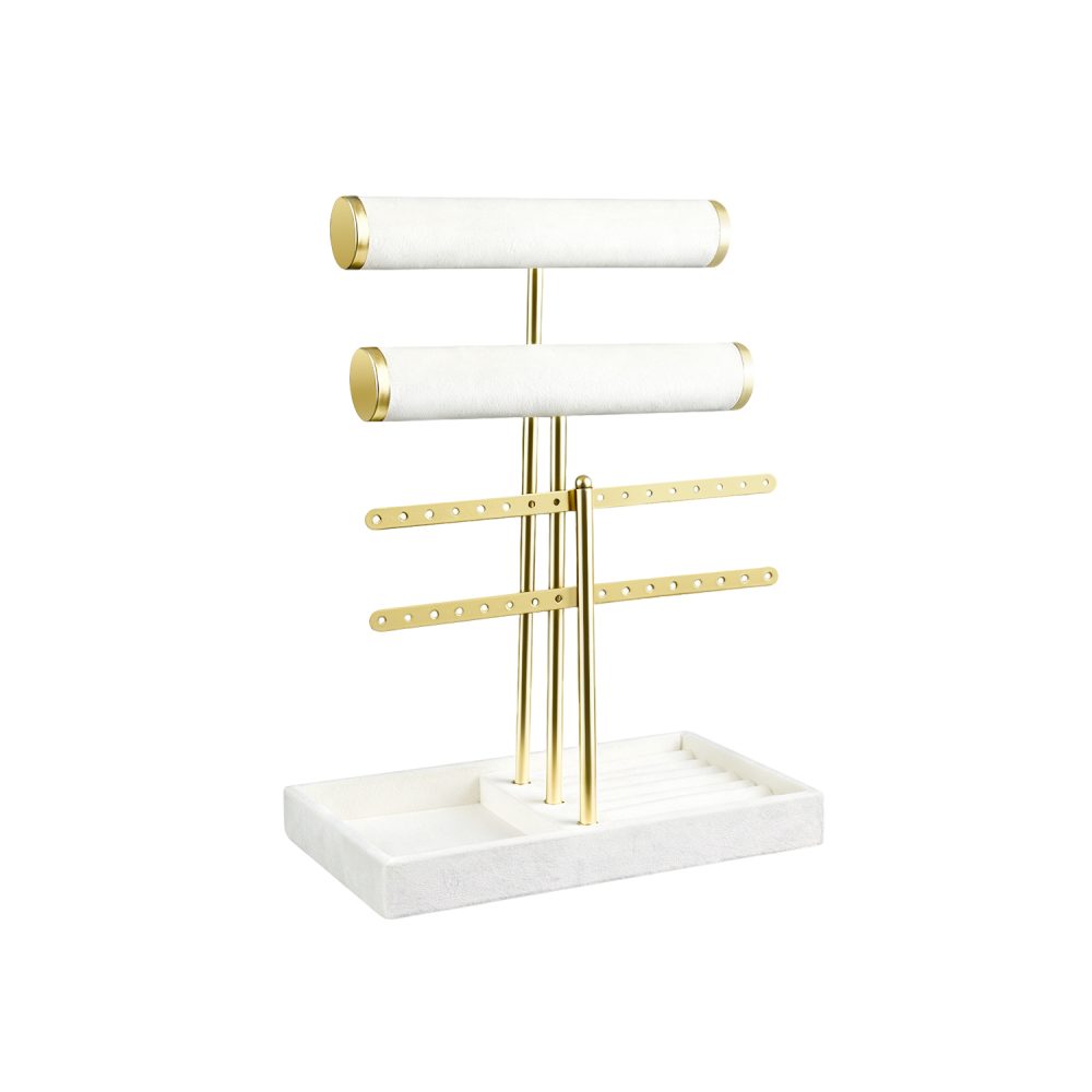 Jewelry Organizer Stand – Gold Metal & Velvet Necklace Holder Display Rack with Earring Bar, Ring Tray, Bracelet Watch Tower for Dresser, Vanity, Countertop
