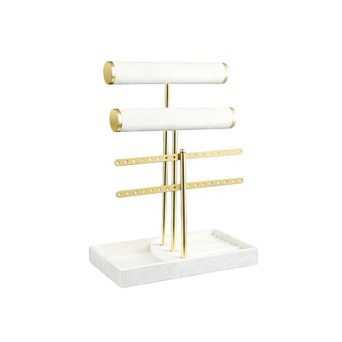 Jewelry Organizer Stand – Gold Metal & Velvet Necklace Holder Display Rack with Earring Bar, Ring Tray, Bracelet Watch Tower for Dresser, Vanity, Countertop