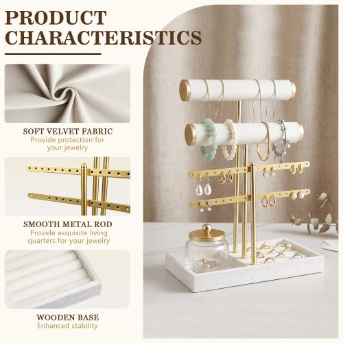 Jewelry organizer features: soft velvet fabric, smooth gold metal rods, stable wooden base