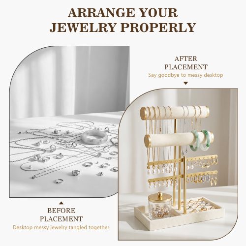 Before and after: messy jewelry desk vs organized jewelry display stand