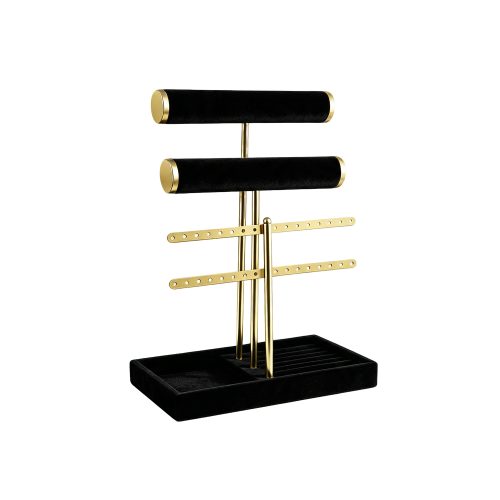 Jewelry Holder Stand – 3-Tier Jewelry Organizer Display with Velvet Necklace Bracelet Bar, Earring Holder Rack & Ring Tray ,Black Gold Metal Jewelry Storage Tower for Dresser, Vanity, Desk
