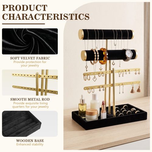 Jewelry holder stand features: soft velvet fabric, smooth gold metal rod, and stable wooden base