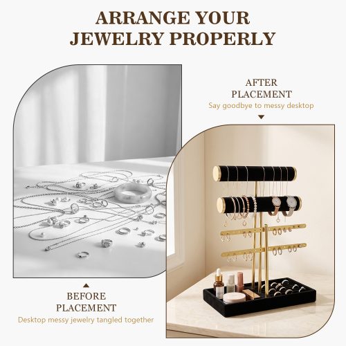 Before and after: messy tangled jewelry on desk vs. neatly organized on black gold jewelry stand