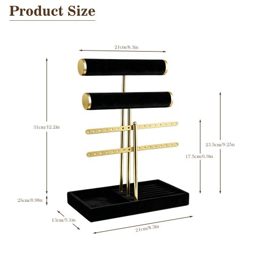 Jewelry organizer stand dimensions: 31cm height, 25x21cm base, with detailed measurements in cm and inches
