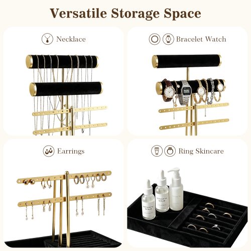 Versatile jewelry storage: necklaces on velvet bars, bracelets and watches, earrings on metal racks, rings and skincare in base tray