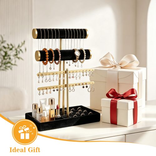 Luxury jewelry organizer stand styled as ideal gift with wrapped gift boxes, perfect for birthdays and holidays