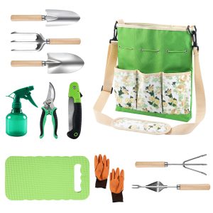 Jeedeson 11‑Piece Wooden Handle Gardening Tool Set with Adjustable Crossbody Canvas Tote Bag 13.78 in.