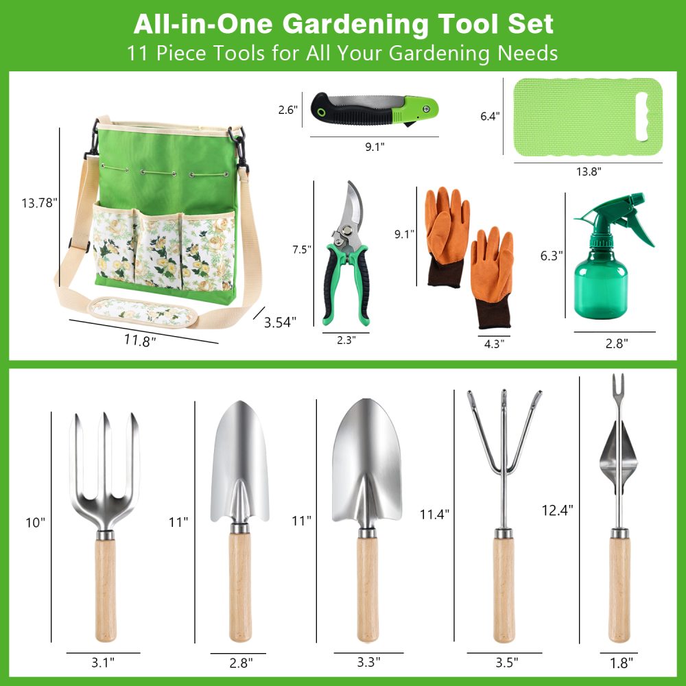 Jeedeson 11‑Piece Wooden Handle Gardening Tool Set with Adjustable Crossbody Canvas Tote Bag 13.78 in.