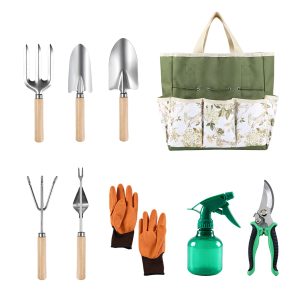 Jeedeson 9‑Piece Wooden Handle Gardening Tool Set with Floral Canvas Storage Tote Bag 11.8 in.